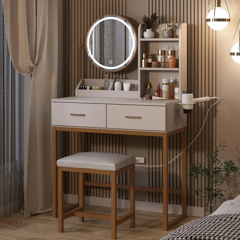 Vanity Desk with Round Mirror and Lights