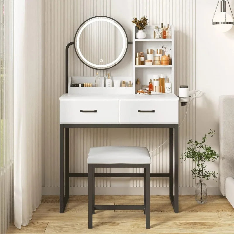 Vanity Desk with Round Mirror and Lights