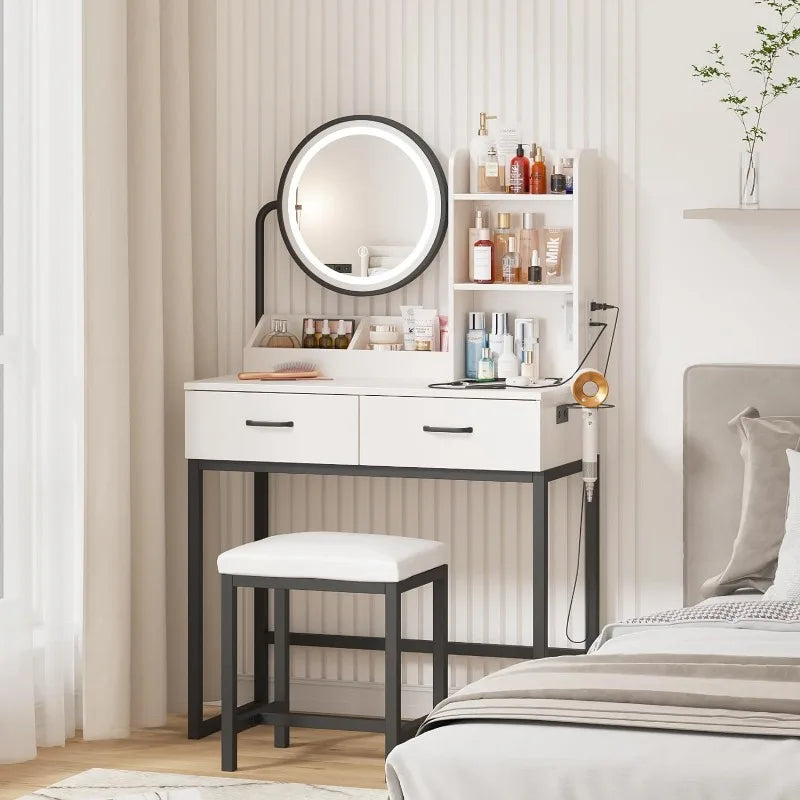 Vanity Desk with Round Mirror and Lights