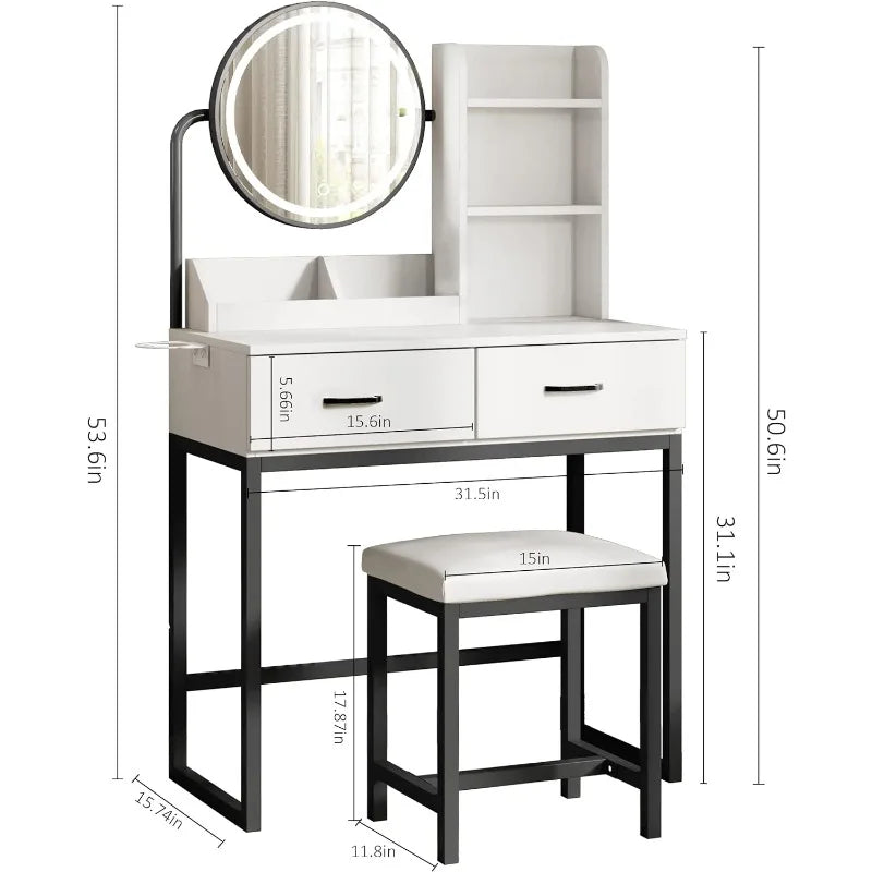 Vanity Desk with Round Mirror and Lights